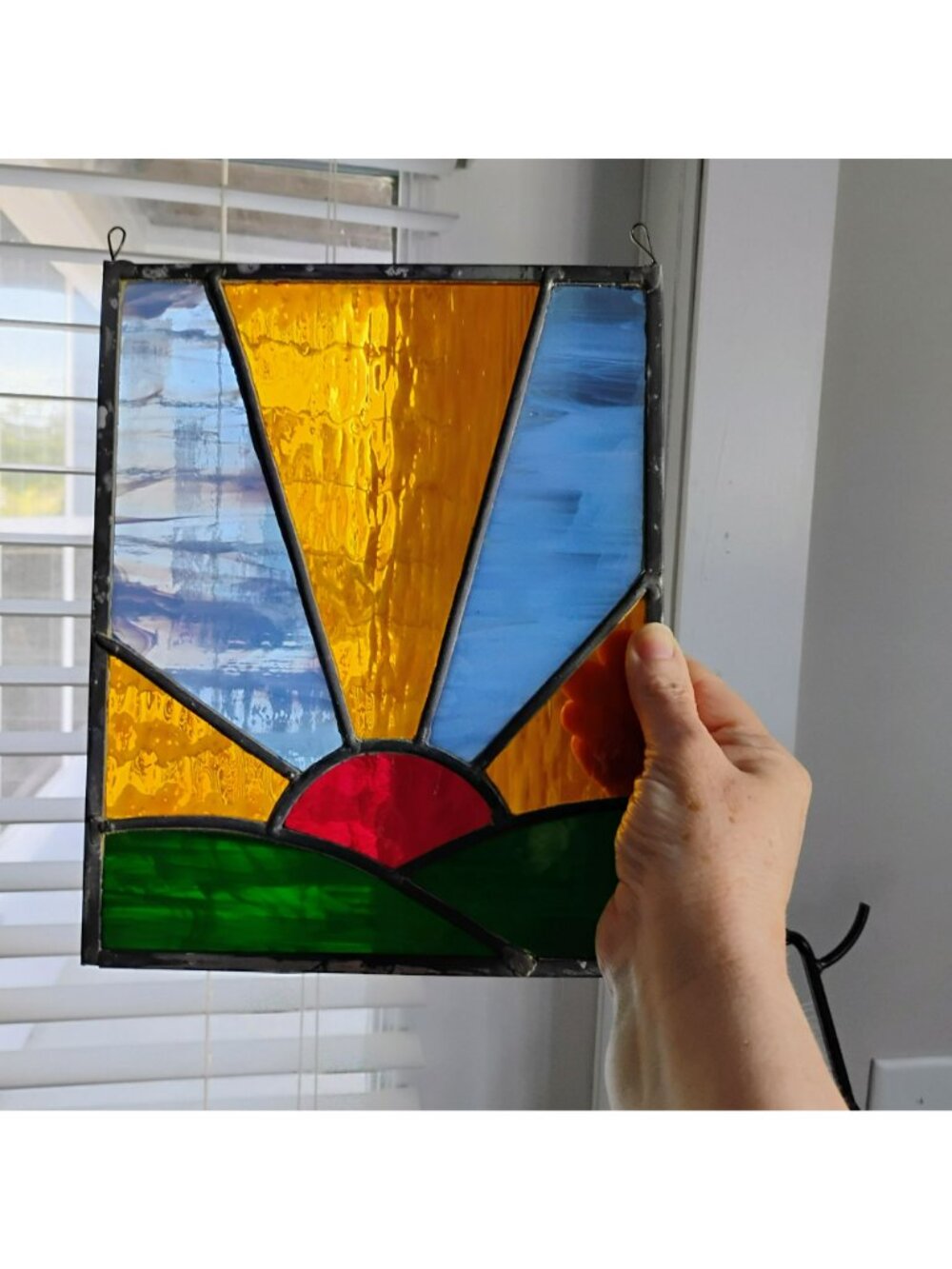 Stained Glass Sunburst Panel, 8x10 Hanging Sunrise Sun Catcher Window Art - Picture 3 of 5